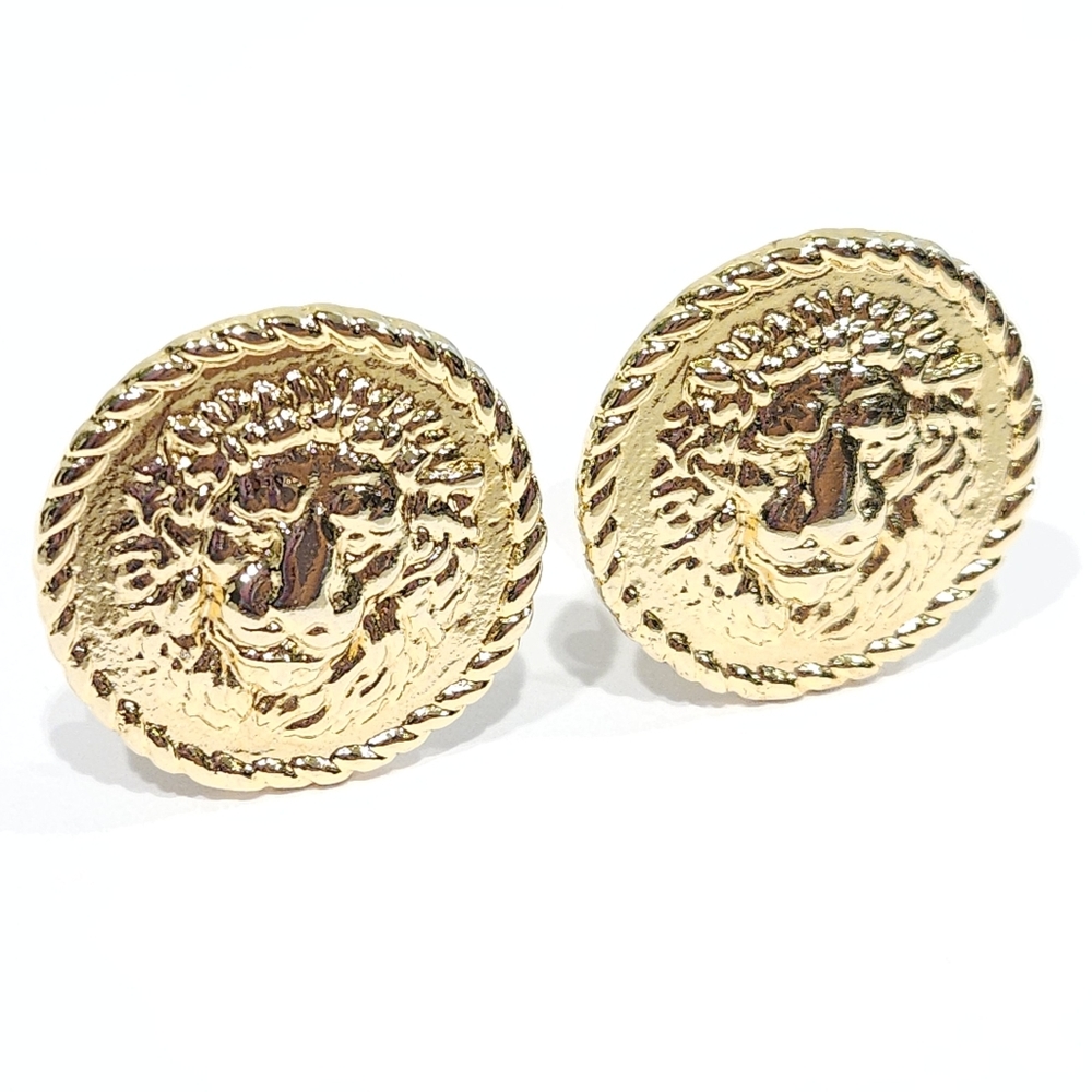 Vintage Versace Lion Coin Earrings 70s 80s Gold Tone Gianni Versace Clip Ons - Picture 8 of 17